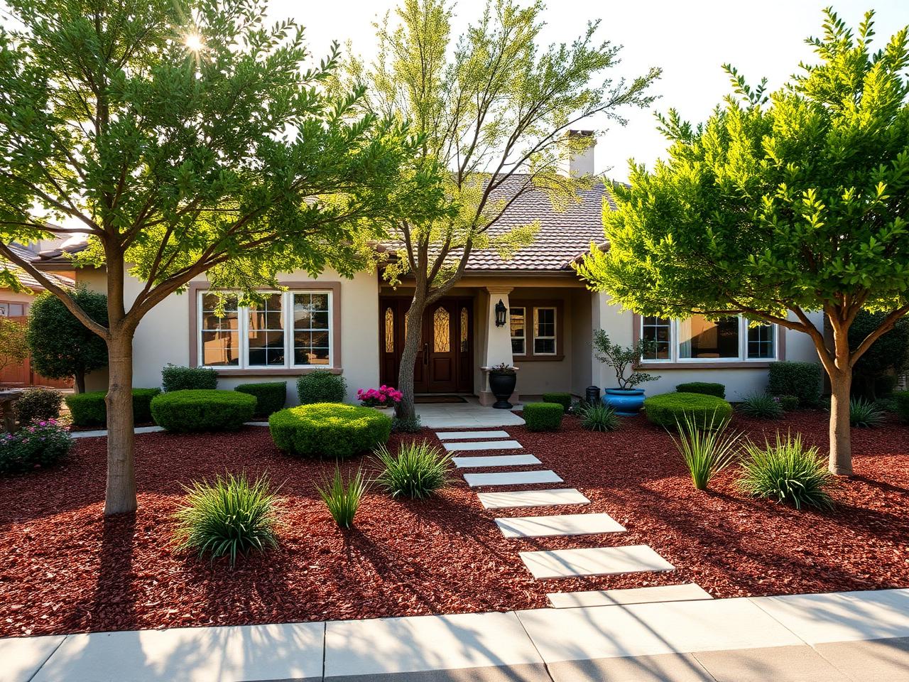 Freshly trimmed trees and tidy landscaping at a Fresno home
